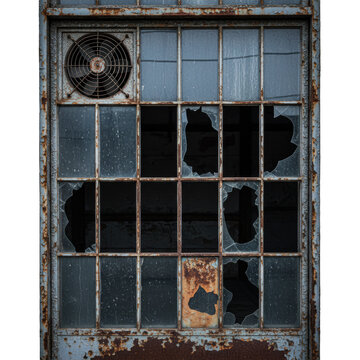 Close-up of a rusted iron industrial grid door with shattered wire glass and a ventilation fan against a concrete wall atmosphere of urban decay