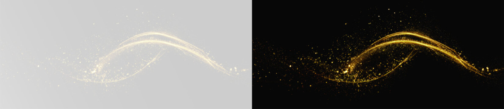Elegant golden light swoosh with shining bokeh and flowing particles overlay