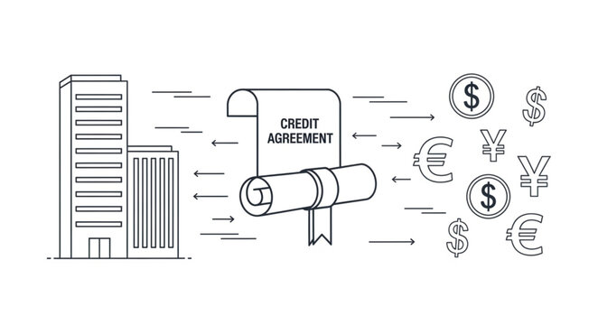 Credit Agreement Document with Buildings and Currency Symbols.