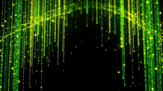 Green digital rain effect. Matrix style code cascading down black background. Bright lines create futuristic visual.