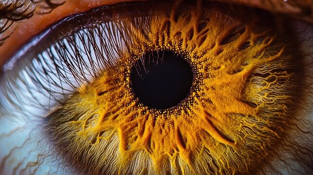 Iris color richness macro extreme closeup golden amber eye variations detailed pattern structures pupil reflection eyelash natural framing