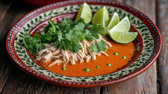 Authentic chicken tinga soup with tender shredded chicken in rich tomato chipotle broth garnished with fresh cilantro and lime wedges in traditional Mexican ceramic bowl