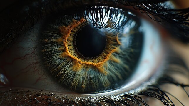 Pupil border detail macro photography human eye iris texture corneal reflection artistic lighting eyelash blue amber golden colors professional closeup