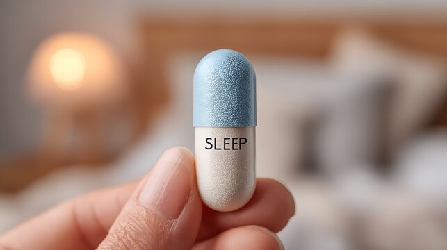 Hand holding a sleep capsule labeled sleep in soft blue and beige bedroom tones