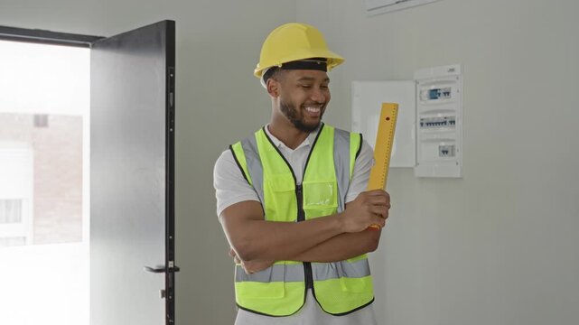Man in yellow hardhat and hi vis vest holds yellow measuring ruler with crossed arms and smiles inside building; professional confidence.