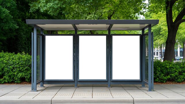 Empty bus stop shelter with blank advertising panels on city street background
