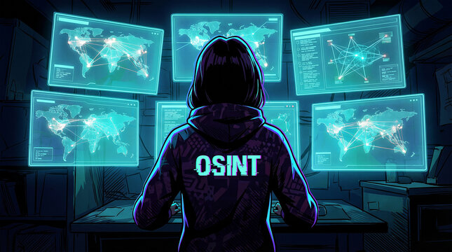 Cybersecurity expert monitors networks for threats and vulnerabilities in a dark room with glowing screens and data visuals
