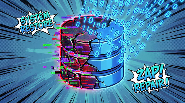 Cyber threat shows data corruption and system failure using glitch art in a comic book style with cyberpunk visual elements