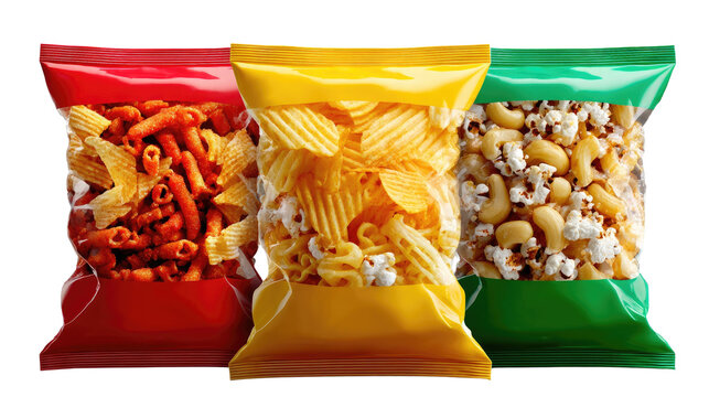 Snack Pack Assortment: A vibrant selection of packaged snacks in bold colors presents a delightful array of textures and flavors, perfect for satisfying cravings.