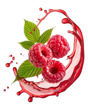 Fresh raspberries with red juice splash and green leaves floating in air on transparent background