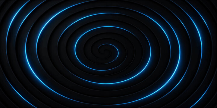 An abstract blue spiral background featuring a digital fractal pattern with a dark motion swirl and glowing energy light in a deep space vortex design