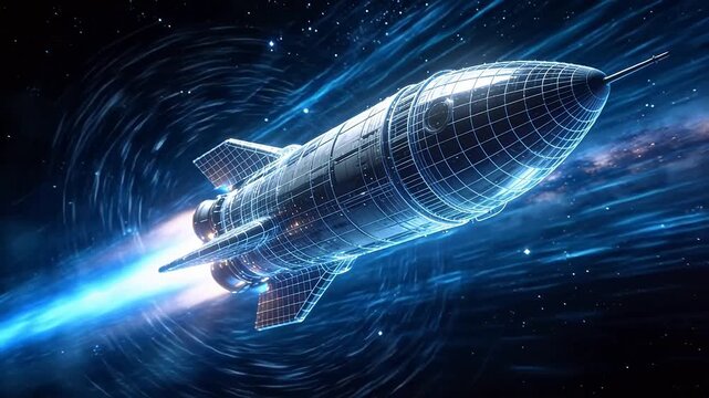 Sci-fi spaceship flying in deep space with stars nebula and time vortex background