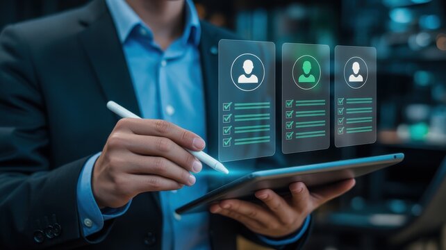 Human resource professional selecting potential candidate on digital tablet with profile icon interface