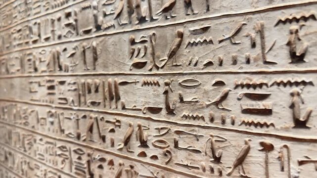 Close up motion view of hieroglyphic symbols on the stonewall