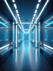 Fototapeta premium Futuristic Blue-Lit Corridor with Glowing Neon Lights