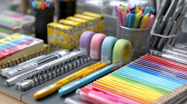 Colorful school office supplies arranged on clean desk background, back to school education concept with notebooks, pencils, pens, stationery essentials and organized study workspace layout