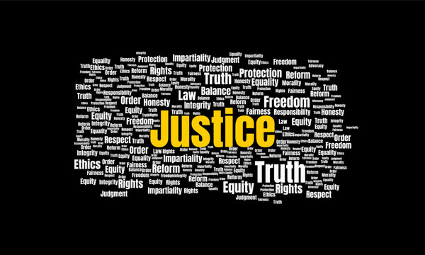 Typography Word Cloud Design Featuring the Word Justice and Related Legal Concepts on a Black Background