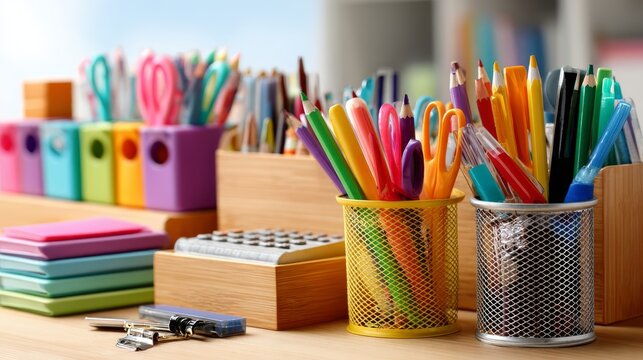Colorful school office supplies arranged on clean desk background, back to school education concept with notebooks, pencils, pens, stationery essentials and organized study workspace layout
