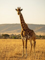 Obraz premium Giraffe Standing Tall in Golden Savanna Grassland at Sunset