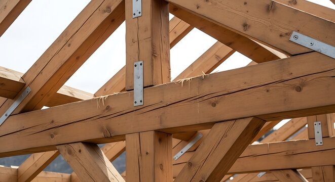 Close-up of wooden roof truss framing with metal connectors in construction site
