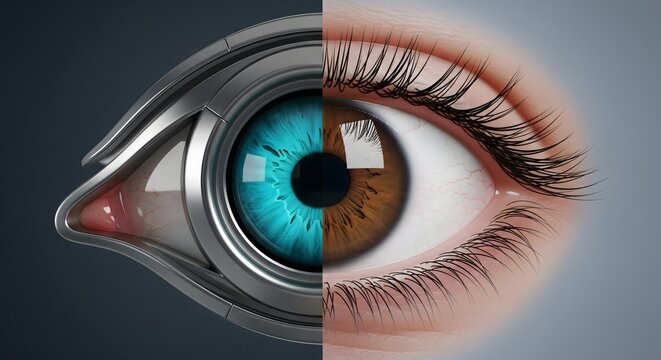 Conceptual close-up of a human eye transitioning into a futuristic robotic bionic eye representing cybernetic augmentation and advanced technology.