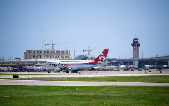 Cargolux Airlines International S.A, Luxembourg, aircraft Boeing 747, at the Dallas Fort Worth International Airport (DFW). 