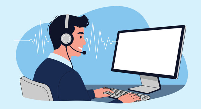 Professional male operator wearing a headset working on a computer at a desk in a modern office or call center with a blue background.