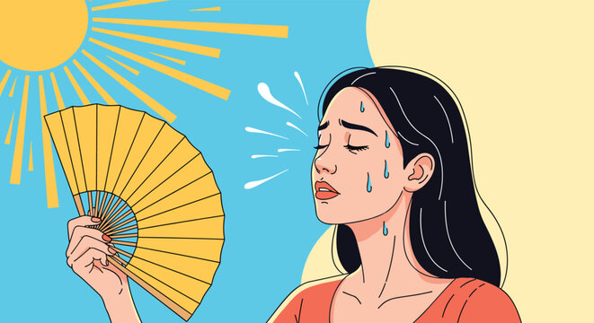 Woman sweating under the hot sun and using a yellow hand fan to cool down against a blue sky background in a comic book vector style.