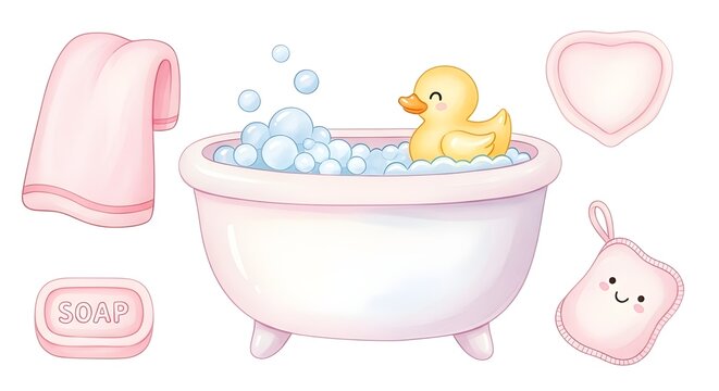 Whimsical baby bath time essentials illustration featuring a playful rubber duck in a bubbly pink tub, a soft towel, gentle soap, and cute bath accessories