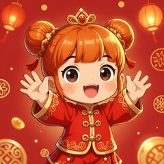 Fototapeta premium Happy Child in Traditional Chinese Outfit Waving Cheerfully