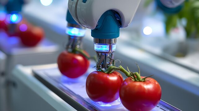 carefully harvesting ripe tomatoes inside advanced hydroponic farm, glowing natural light, modern agricultural technology