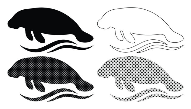 Manatee vector silhouette set, four distinct manatee graphic designs, sea cow aquatic mammal illustration, marine life animal collection for wildlife conservation and ocean themed projects