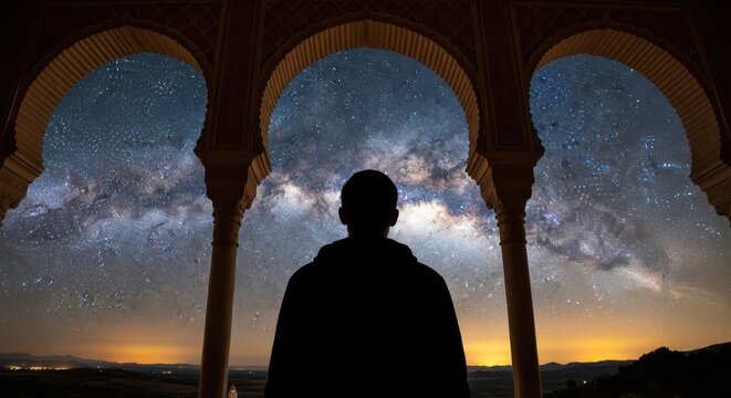 Man silhouetted against milky way through arches