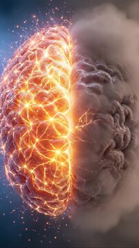 Cognitive clarity vs brain fog neural network neuron synapse hemisphere concept split brain hemisphere glowing neural network one side muted cortex other misty atmosphere mental focus abstract