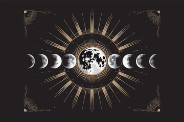 Esoteric moon phases with full moon in sun rays and mystical ornate frame vector illustration. © Nuruzzaman