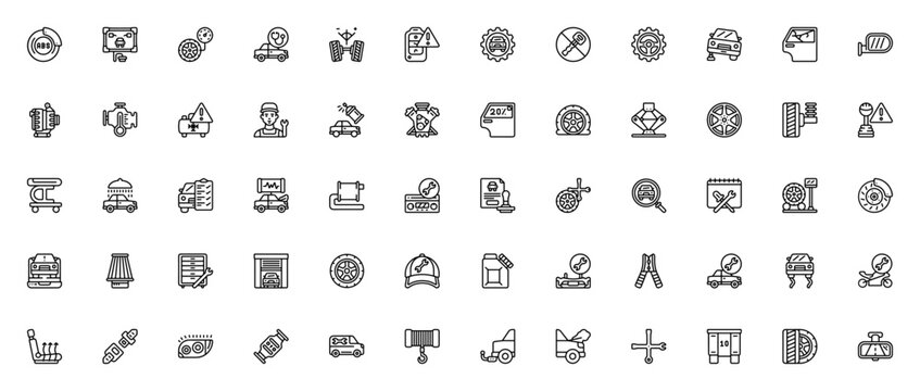Mechanic icon set. Car repair vector icons pack. Minimal thin line symbols. Includes brakes, engine, wheel, gear, alternator, suspension, exhaust, air conditioning, toolbox, headlight and more.