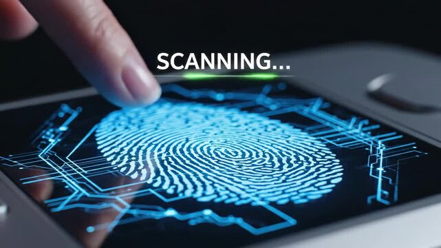 A close-up of a finger touching a smartphone screen displaying a glowing blue fingerprint scanner