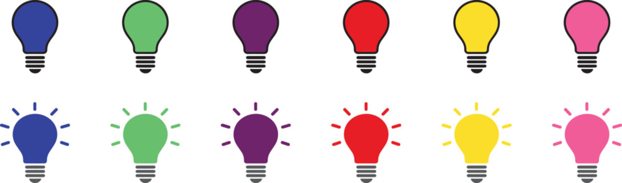 LED colored light bulb icon set minimal vector on white.