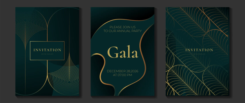 Luxury art deco gala invitation card vector set. Elegant gold geometric event template with curved line ornament, abstract circle pattern and premium party design.