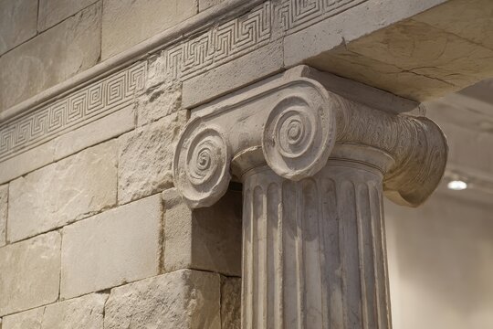 Detailed Close-up of a Classical Ionic Column Capital with Greek Meander Pattern on Stone Wall