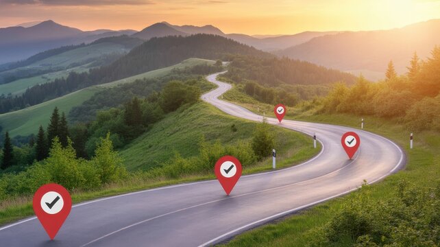 Winding mountain road at sunset with red map pin icon for navigation milestone