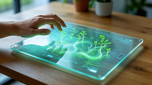Hand touching transparent tablet with virtual green plant interface on wooden table