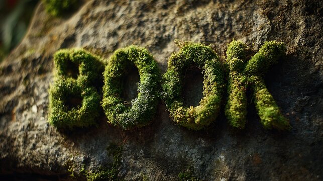 The word BOOK spelled out in mossy letters on a stone surface representing nature growth and organic learning ideal for environmental themes