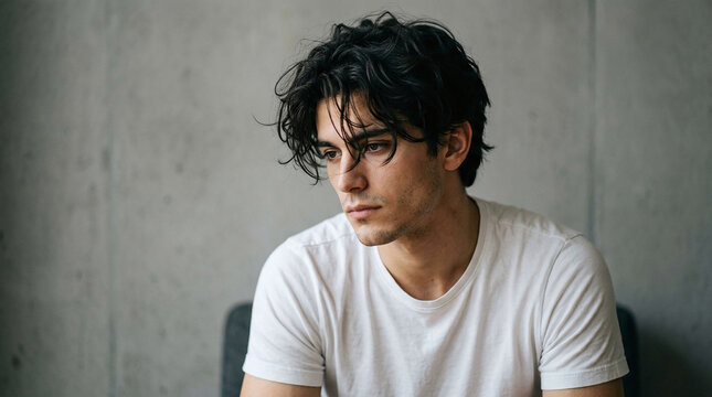 A contemplative young man with messy hair looking down against a minimalist grey concrete wall