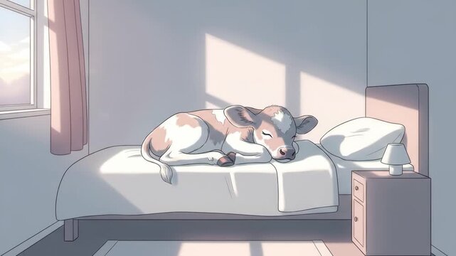 Sleeping calf on bed in sunlit room animated illustration