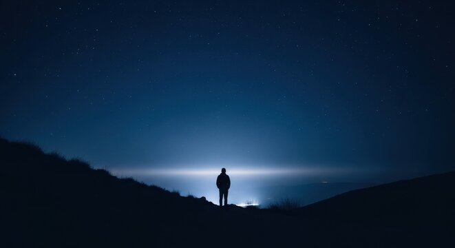 Person silhouetted against starry night sky
