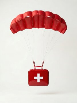 Red First Aid Kit Descending with Parachute Against White Background