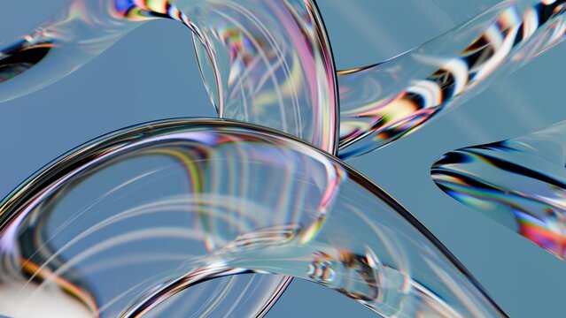 Fluid liquid blue glass shapes and spheres abstract background. 3d illustration
