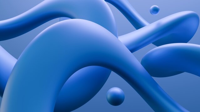 Fluid liquid blue plastic shapes and spheres abstract background. 3d illustration