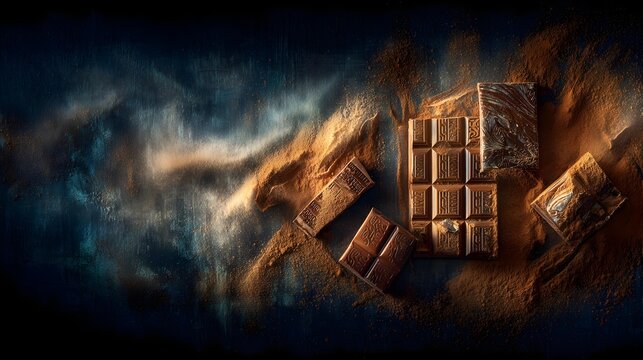 pieces scattered with cocoa powder dust on dark slate background moody indulgent theme